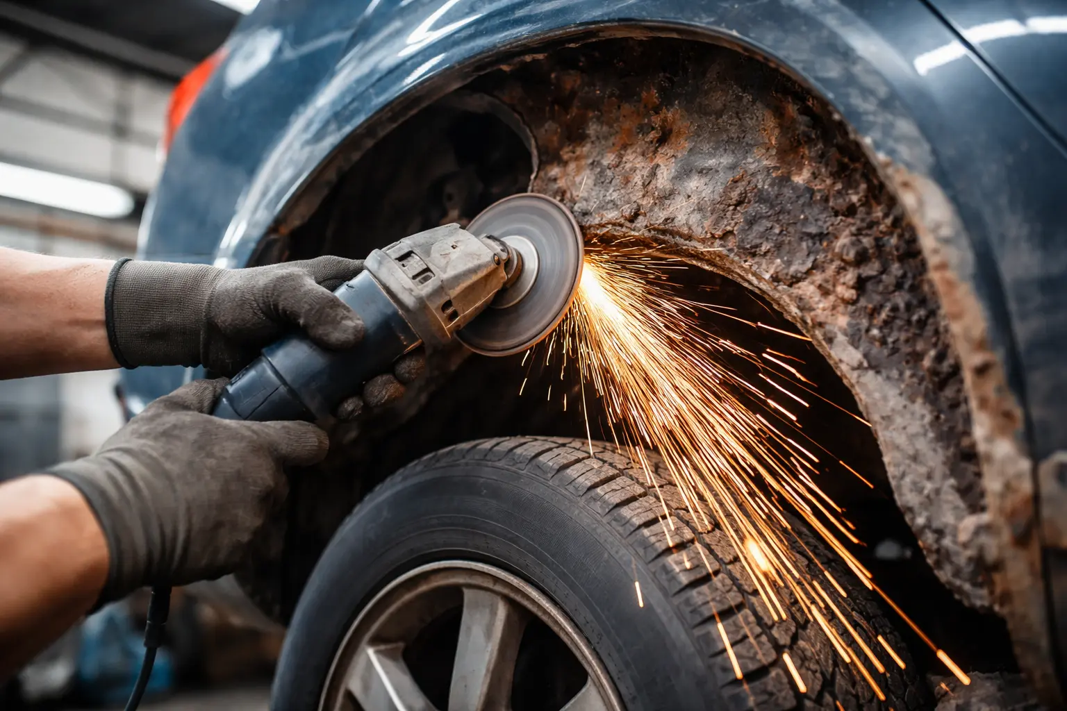 Slipmaskin slipar rost på hjul