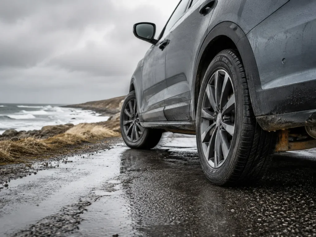 Bil står bredvid havet