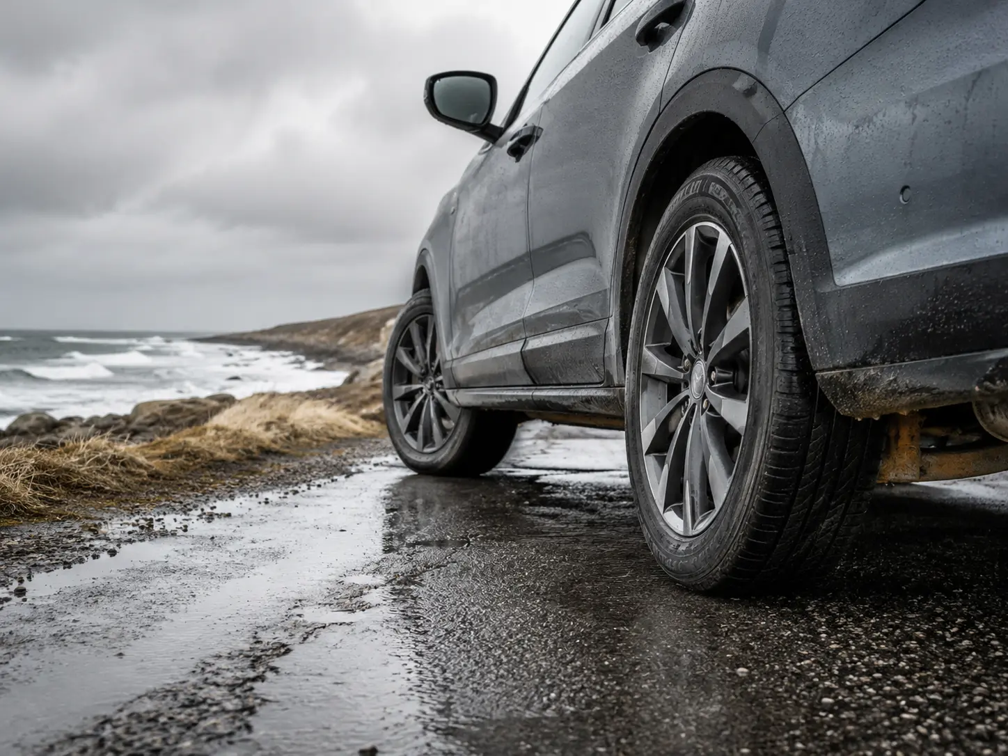 Bil står bredvid havet